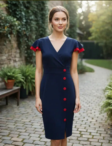 Vestido Formal Azul Marino Oficina Modelo Va 336 Azul L