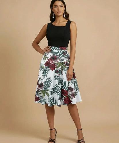 Vestido midi floral negro y verde acampanado grande