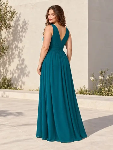 Vestido largo azul gasa evasé para graduación