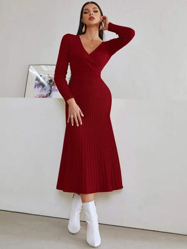 Vestido De Punto Cuello Cruzado Jersey Canalé Vt 01