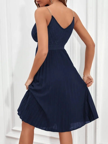 Vestido Fiesta Cóctel Plisado Cadena En Los Hombros Va 559 Azul M