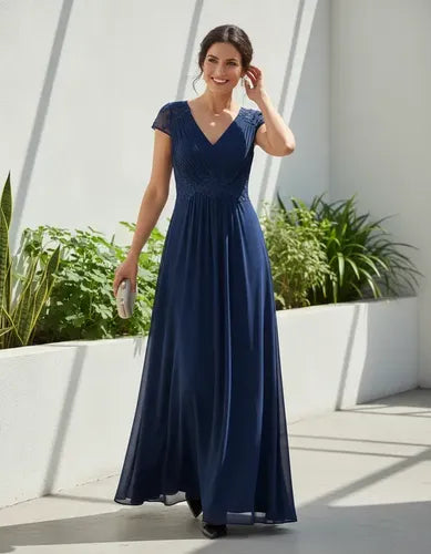 Vestido largo azul de gasa escote V corte princesa