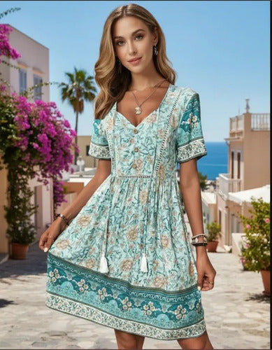 Vestido Corto Verde Estilo Bohemia Multicolor L