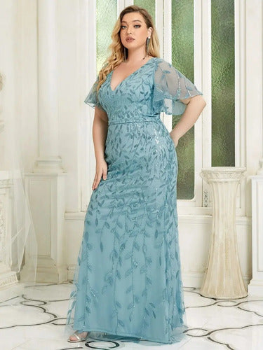 Vestido Fiesta Largo Lentejuelas Manguita Talla Ep 192 Azul 26