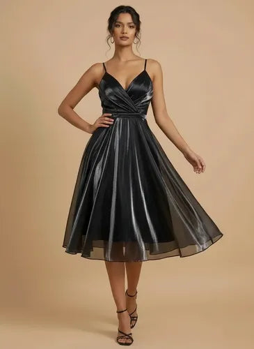 Vestido corto negro y verde organdí línea A