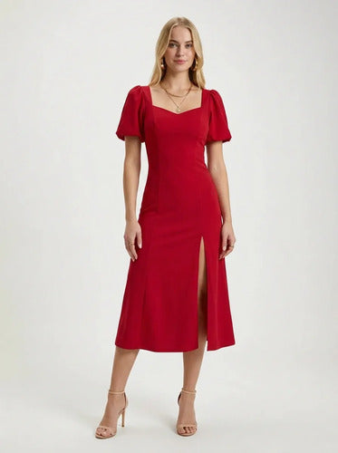 Vestido midi rojo vintage manga farol