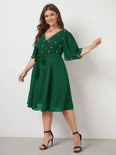 Vestido Fiesta Talla Grande Gasa Con Perlas Manga Vg 100