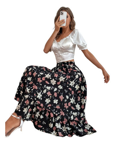 Falda Mujer Estampado Floral Bohemio Playa Fb 03 Azul S