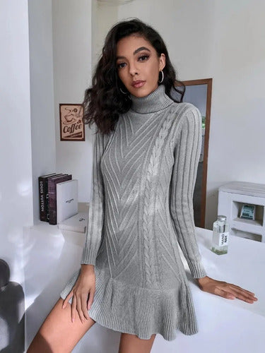 Vestido De Punto Cuello Alto Jersey  Vt 07 Gris M