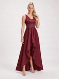 Vestido largo bordó escote V corte princesa