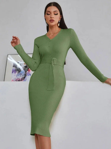 Vestido De Punto Ajustado Jersey Canalé Manga Larga Vt 06 Verde Xl
