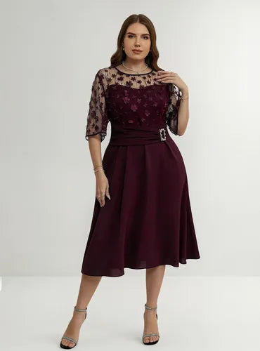 Vestido Fiesta Talla Grande Cuello Redondo Mangas