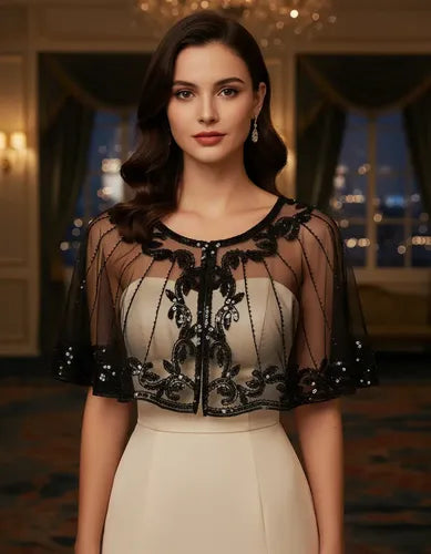 Bolero tipo chal negro con lentejuelas para fiesta