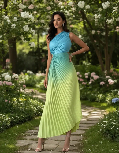 Vestido largo plisado asimétrico strapless