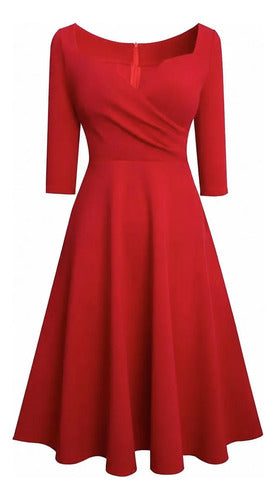Vestido midi rojo retro acampanado swing manga 3/4