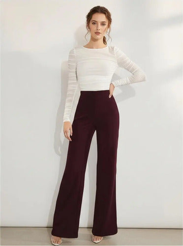 Pantalón Mujer Pierna Ancha Cintura Elasticada Pt 16 Burdeo S