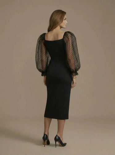 Vestido midi negro formal manga larga corte tubo noche