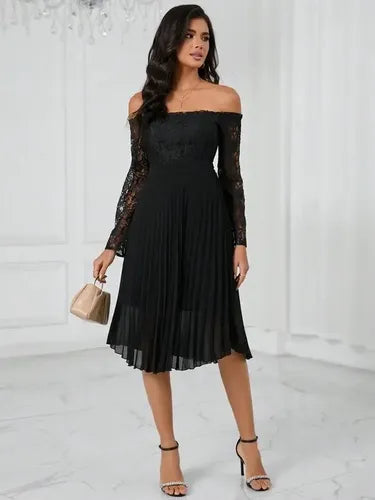 Vestido Hombros Descubiertos Manga Larga Encaje Va 598 Negro S