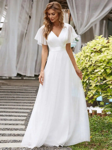Vestido Largo Fiesta Novia Blanco Mangas Tul