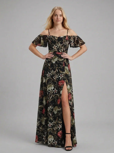 Vestido largo de fiesta hombros descubiertos negro
