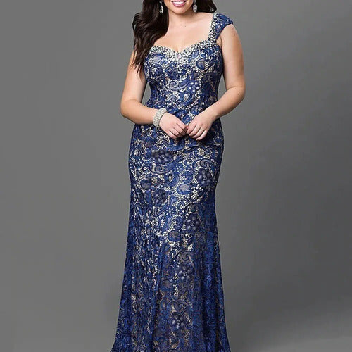 Vestido Fiesta Talla Grande Azul Encaje Vg 77