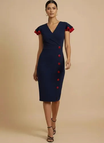 Vestido midi azul marino oficina corte tubo manga corta