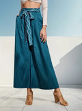 Pantalón Mujer Pierna Ancha Talle Alto Con Cinturón Pt 03 Verde S