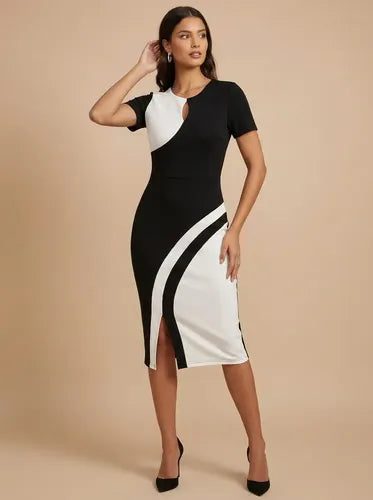 Vestido midi bodycon blanco y negro cuello redondo