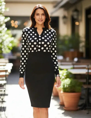 Vestido Negro Lunares Manga Larga Va 212 Negro L