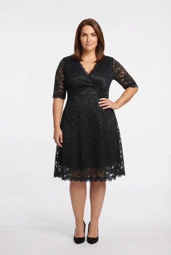 Vestido midi azul y negro encaje escote V evasé