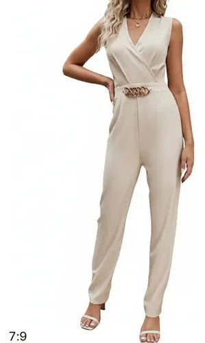 Entero Jumpsuit Mono Mujer Alta Fiesta Escote Cruzado El 172 Beige S