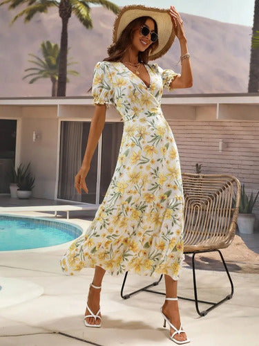 Vestido Gasa Verano Bohemio Con Estampado Floral  Vd 102