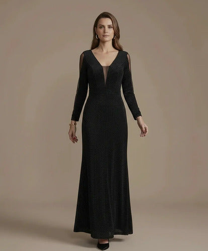 Vestido largo negro de fiesta con mangas largas