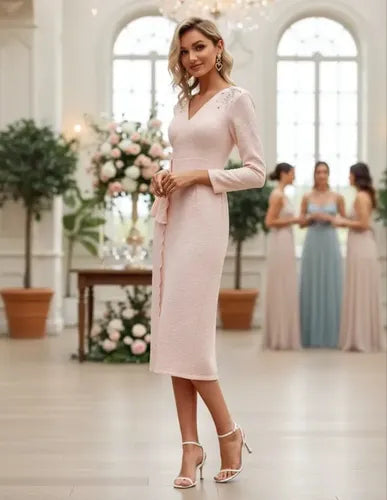 Vestido Fiesta Novia Civil Manga Larga Perlas Va 525 Rosa S
