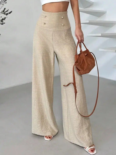 Pantalon Mujer Cintura Alta Pierna Ancha Pt 14 Beige Xs