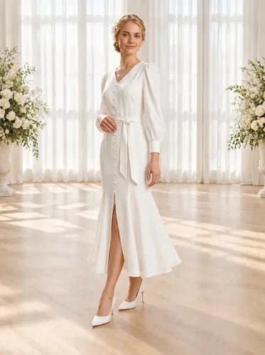 Vestido midi blanco novia civil corte princesa
