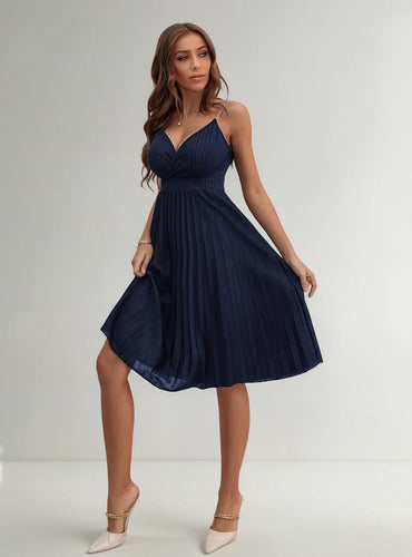 Vestido Fiesta Cóctel Plisado Cadena En Los Hombros Va 559 Azul M