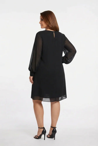 Vestido midi azul y negro túnica gasa manga larga