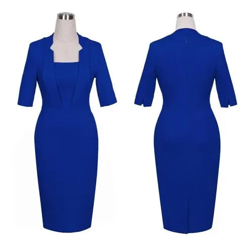 Vestido Azul Formal Manga Corta Cóctel Oficina Va 360 Azul S