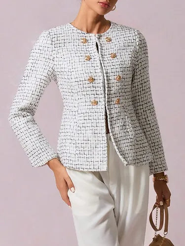 Blazer  Abrigo  Chaqueta Mujer Tweed Bolsillos Forrado Bb 45 Blanco S