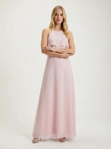 Vestido largo rosa evasé hombros descubiertos