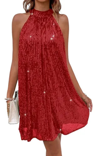 Vestido Mujer Corto Fiesta Lentejuelas Cuello Halter Vl 73
