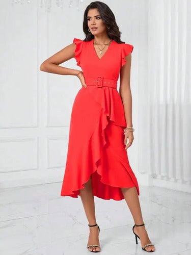 Vestido Delgado Cruzado Con Cinturón Va 603 Naranja S