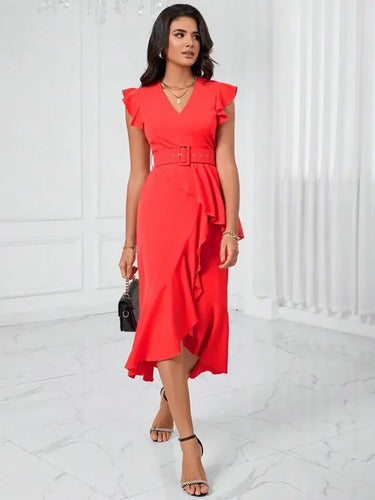 Vestido Delgado Cruzado Con Cinturón Va 603 Naranja S