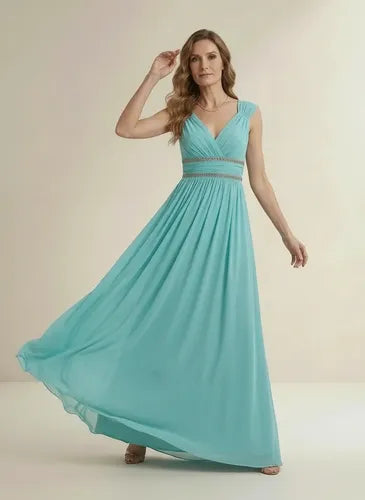 Vestido largo de fiesta verde evasé escote V en gasa