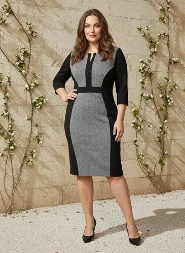 Vestido corto negro corte tubo manga 3/4 oficina casual