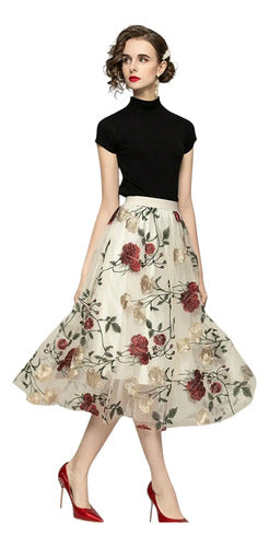 Falda Elegante De Malla Doble Capa, Bordado Con Flores Fb 05 Crudo S