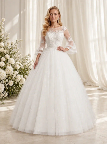Vestido de novia princesa manga 3/4 cuello redondo