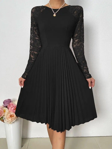 Vestido Plisado Cuello Redondo Manga De Encajes Va 499