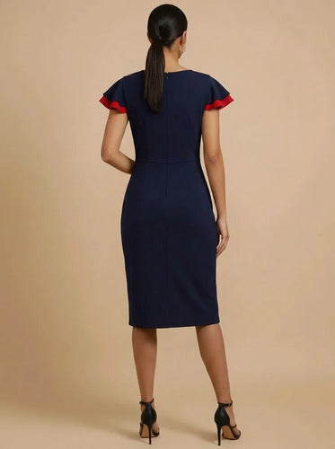 Vestido midi azul marino oficina corte tubo manga corta